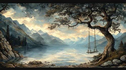 Serene Landscape Painting with Snow-Capped Mountains and Lake