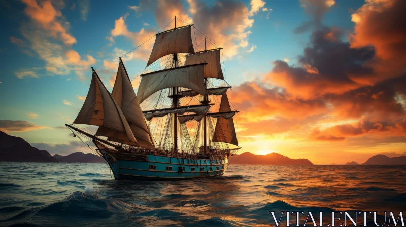 Tall Ship Sailing on Rough Sea - Dramatic Painting AI Image
