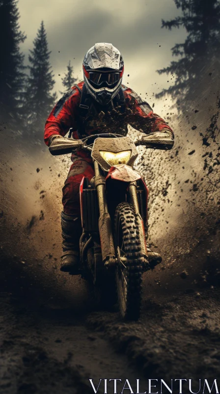 Thrilling Dirt Bike Rider Adventure in Muddy Forest Trail AI Image