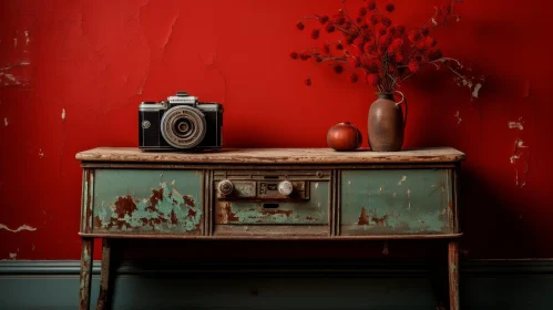 Vintage Camera and Red Flowers Still Life