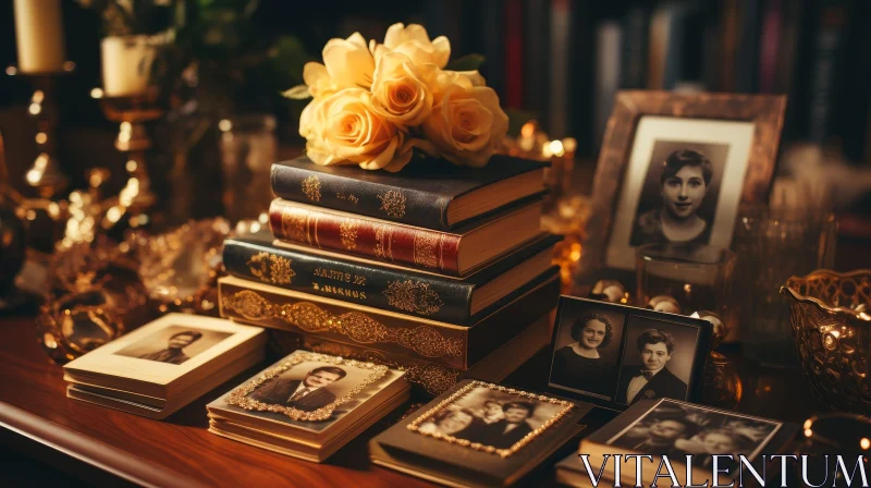 Antique Old Books and Rose on Wooden Table AI Image