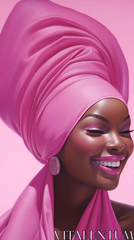 Beautiful African Woman Portrait in Pink Head Wrap AI Image