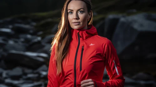Confident Woman in Red Jacket Stands Among Nature