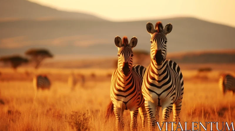 Graceful Zebras in Field at Sunset AI Image