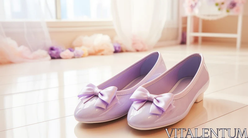 Lilac Patent Leather Shoes on Wooden Floor AI Image