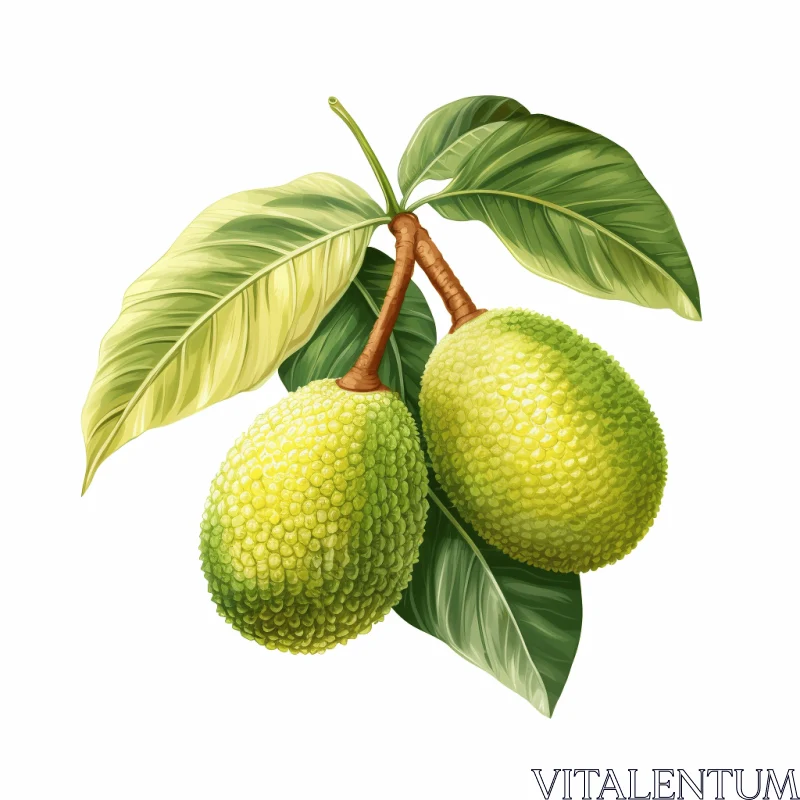 Realistic Illustration of Two Jackfruits on a Tree Branch AI Image
