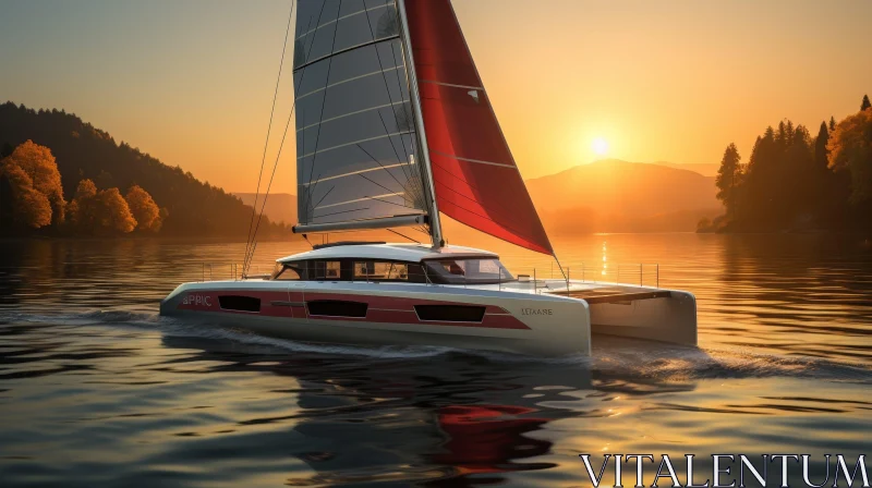 Red Sail Catamaran Sailing on Lake at Sunset AI Image