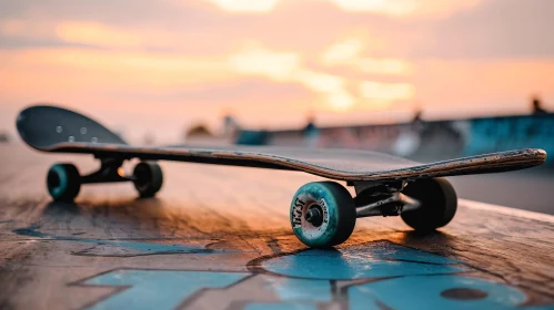 Skateboard Close-up on Wooden Surface at Sunset