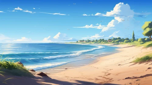 Tranquil Beach Scene with Sun and Waves
