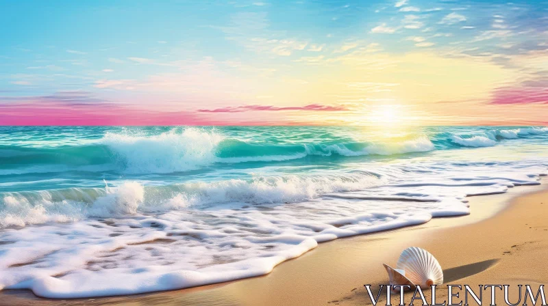 Tranquil Beach Sunset Scene with Seashell AI Image