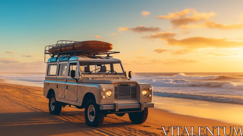 Vintage Land Rover Off-Road Vehicle on Beach at Sunset AI Image