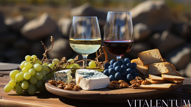 Wine and Cheese Delight on Wooden Table AI Image