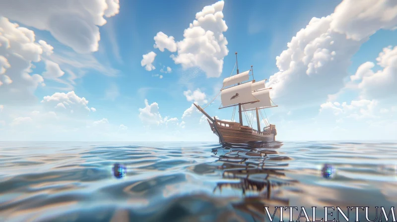 Wooden Sailing Ship on Calm Sea - 3D Rendering AI Image