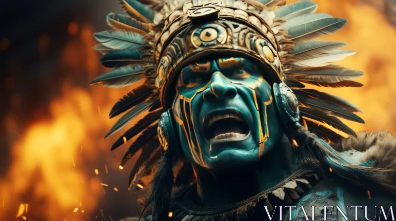 Ancient Warrior Portrait: Man in Feathered Headdress by Fire AI Image