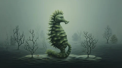 Ethereal Surrealism: Green Seahorse in Flooded Forest