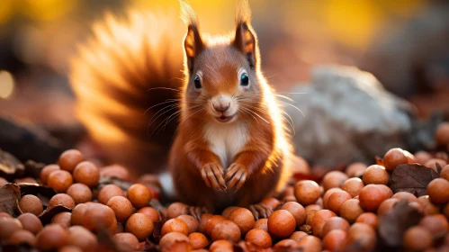 Majestic Red Squirrel on Nuts Pile - Curious Wildlife Portrait