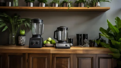 Modern Kitchen with Blenders, Apples, Glasses, and Plants