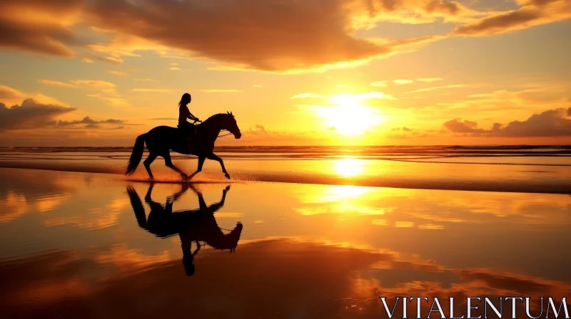 AI ART Serene Sunset: Woman Riding Horse on Beach
