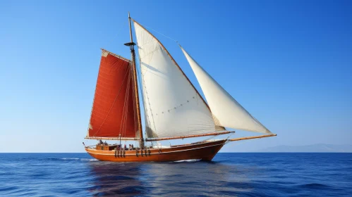 Serene Wooden Sailboat Sailing on Calm Blue Sea