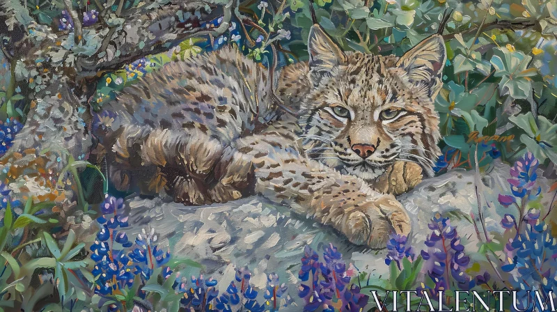 Bobcat in Bluebonnets Oil Painting AI Image