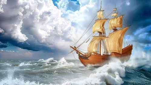 Dramatic Painting of Wooden Sailing Ship on Rough Sea