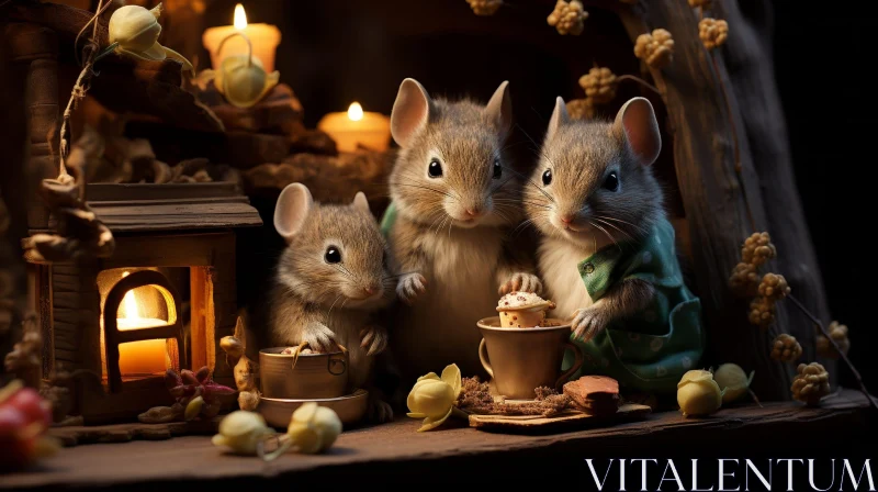 Enchanting Tea Time with Mice in Forest Setting AI Image