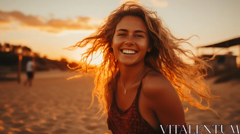 Happy Blonde Woman at Sunset Beach AI Image