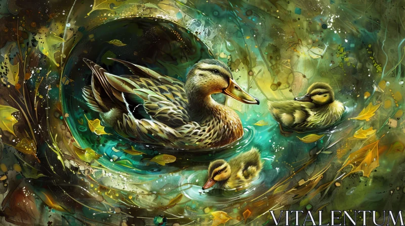 AI ART Mother Duck and Ducklings Swimming in Pond