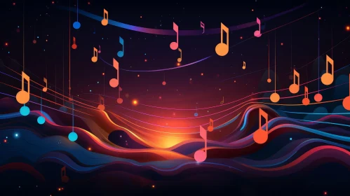 Musical Landscape Night Sky with Colorful Stars