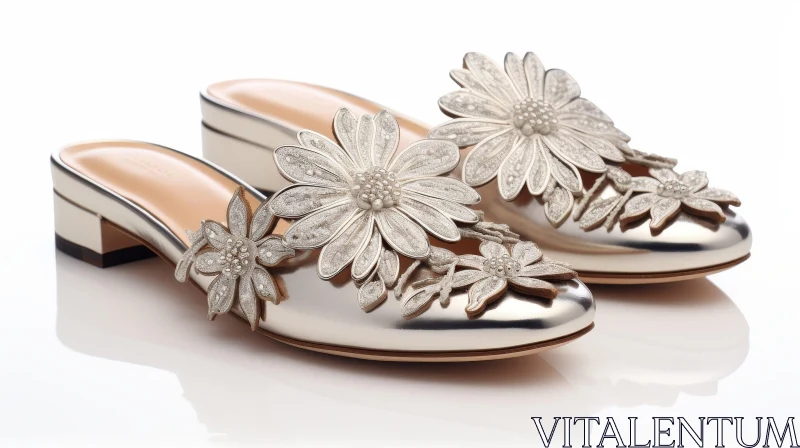 Silver Leather Mules with Floral Embroidery - Elegant Footwear AI Image