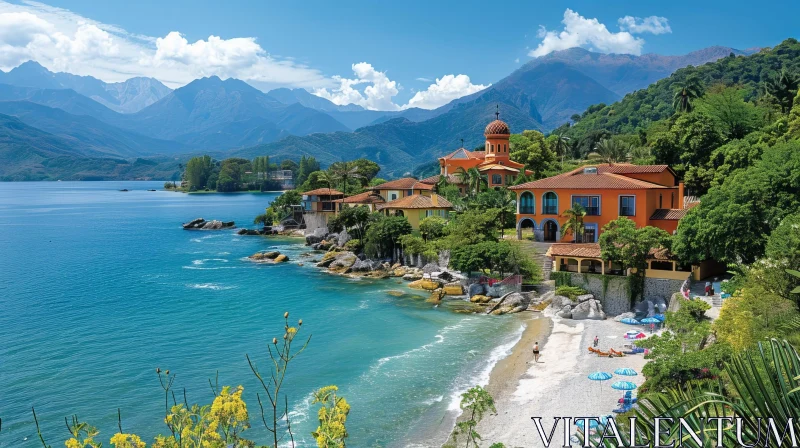 Tranquil Coastal Townscape with Sandy Beach and Lush Mountains AI Image