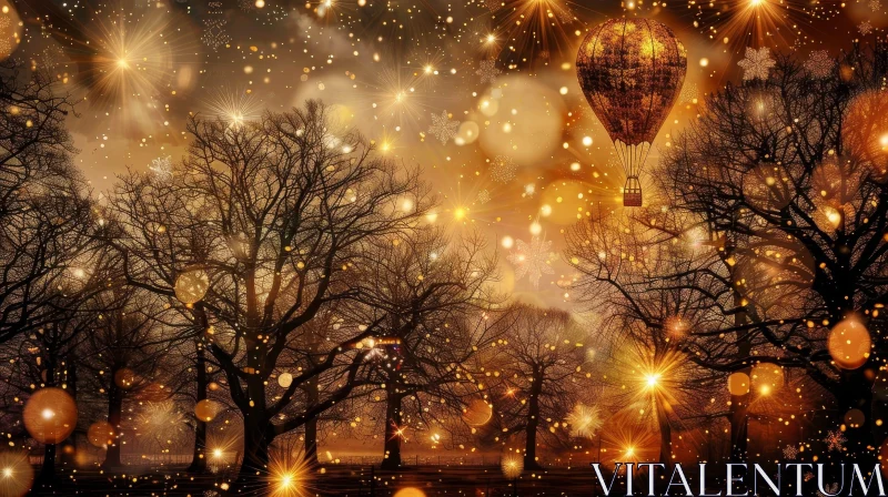 Winter Landscape with Hot Air Balloon and Stars AI Image