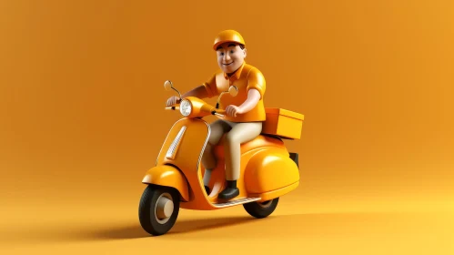 Delivery Man on Yellow Scooter 3D Illustration