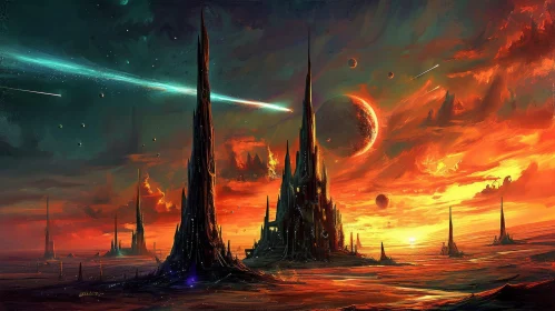 Enigmatic Alien Landscape: Orange Sky, Red Planet, Moons