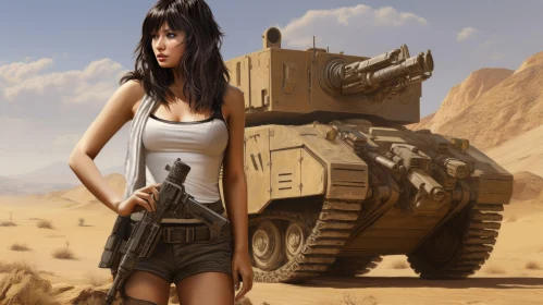Female Warrior in Desert with Tank and Gun