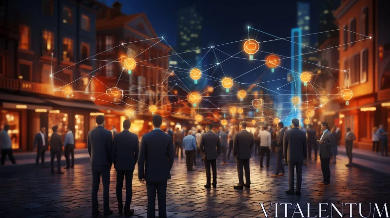 Night Street Scene: Urban Community and Technology Integration AI Image