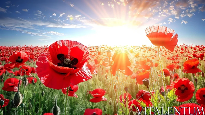 Red Poppies Field Under Bright Sunlight AI Image