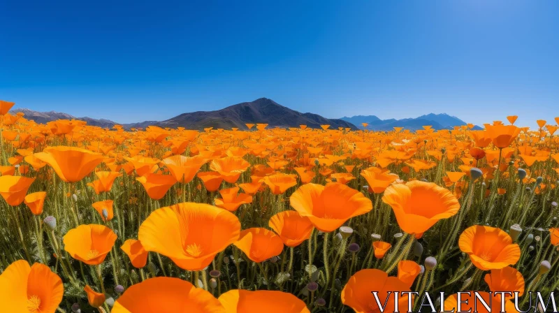 Scenic Field of California Poppies and Mountains AI Image