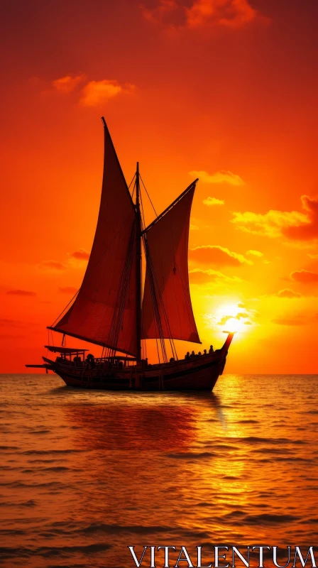 Silhouette of Sailing Ship at Sunset on Calm Sea AI Image