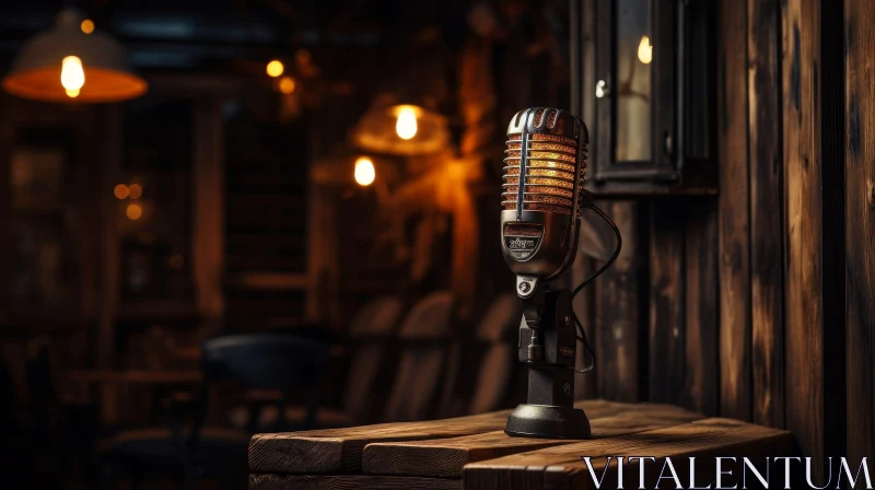 Vintage Microphone on Wooden Table - Warm Colors and Golden Grille AI Image