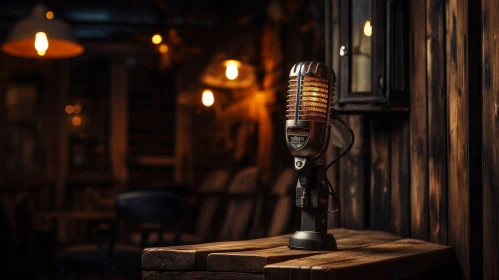 Vintage Microphone on Wooden Table - Warm Colors and Golden Grille