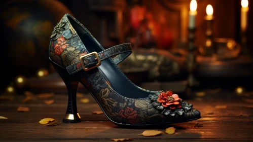 Vintage Women's Shoe with Floral Pattern and Red Accessory