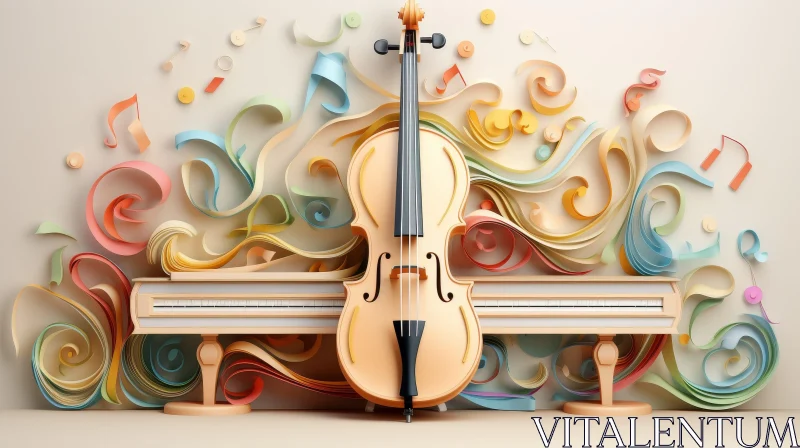 3D Violin and Piano with Colorful Ribbons AI Image