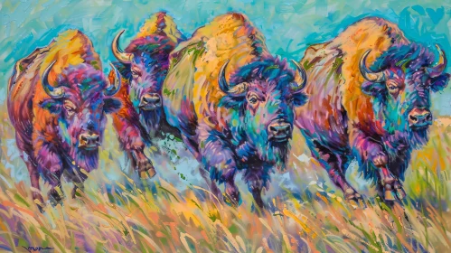 Abstract Bison Painting in Colorful Field