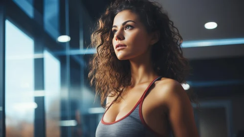 Beautiful Woman with Curly Hair in Gray Sports Bra
