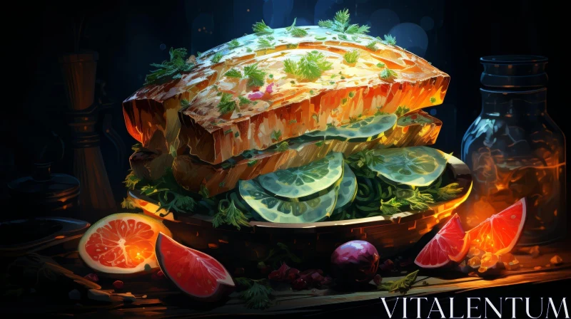Delicious Sandwich Digital Painting on Wooden Table AI Image