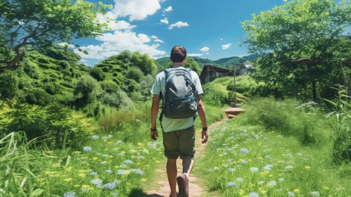 Man Walking in Green Meadow - Nature Landscape