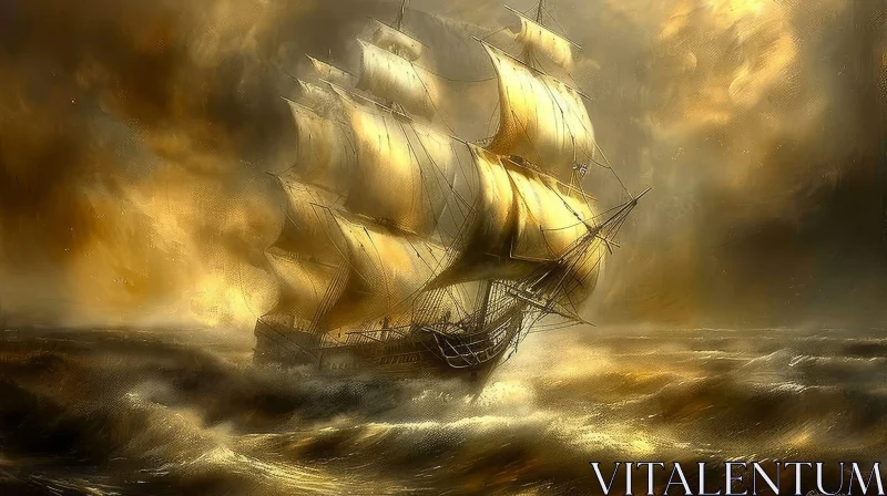 Sailing Ship on Rough Sea Painting AI Image