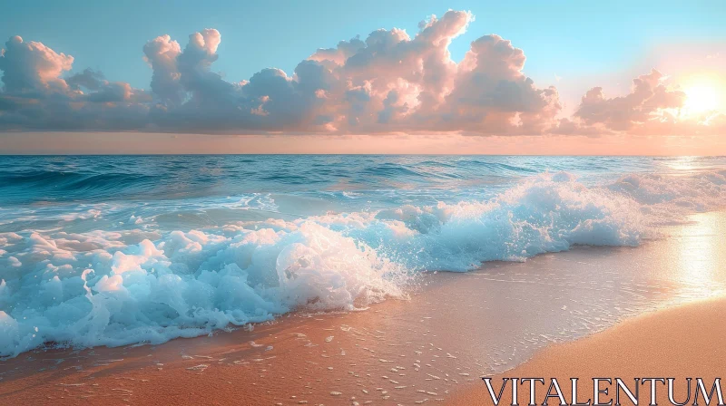 Tranquil Beach Sunset with Gentle Waves - Natural Beauty AI Image