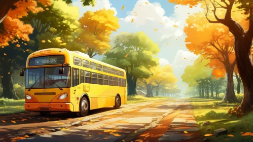 Tranquil Forest Landscape with Bus in Autumn